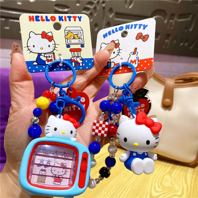 Atacado Sanrio Chaveiro Hello Kitty Mochila Escolar Pingente Kawaii Kt Vermelho Azul Branco Desenho Animado Chave Kitty TV Chaveiro com Contas Presente para Meninas