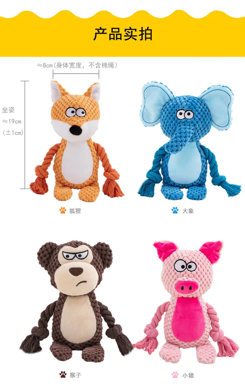 Brinquedos de pelúcia com corda que fazem barulho para cães: Raposa, Sapo, Porco, Animal, Puxador, Cordão de algodão resistente a mordidas - Treinamento interativo para vínculo de filhotes