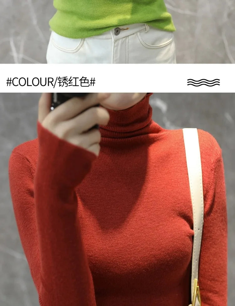 Novo suéter de caxemira feminino outono/inverno 2023, gola alta, suéter ultrafino de lã com pelo
