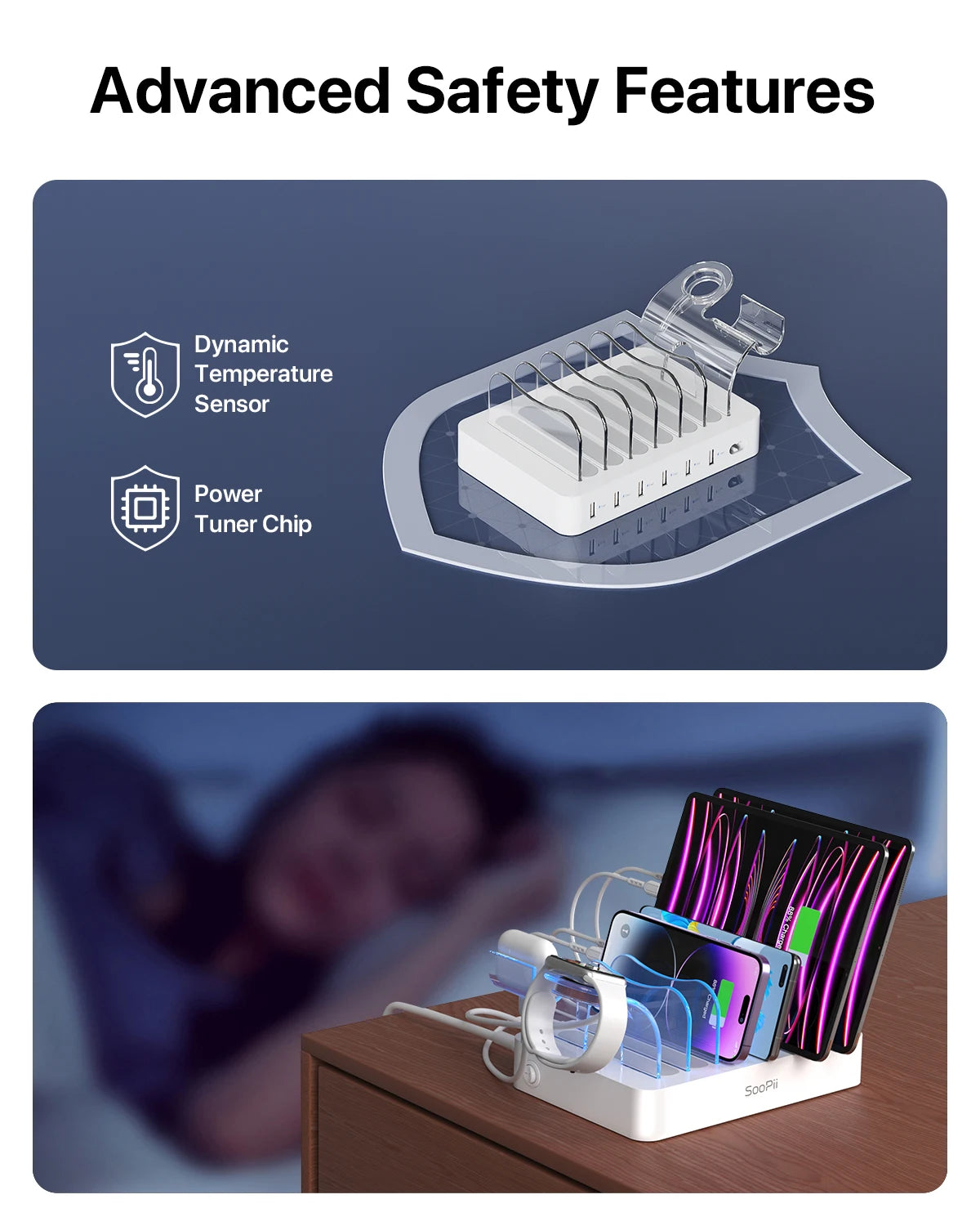 Estação de carregamento USB SooPii 50W/10A com 6 portas para casa e escritório. 6 cabos incluídos para telefones, tablets e outros eletrônicos.