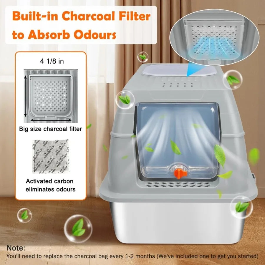 XL Stainless Steel Litter Box with Top Exit Design for Large Cats NonStick Surface Prevents Clumping Advanced Activated Charcoa