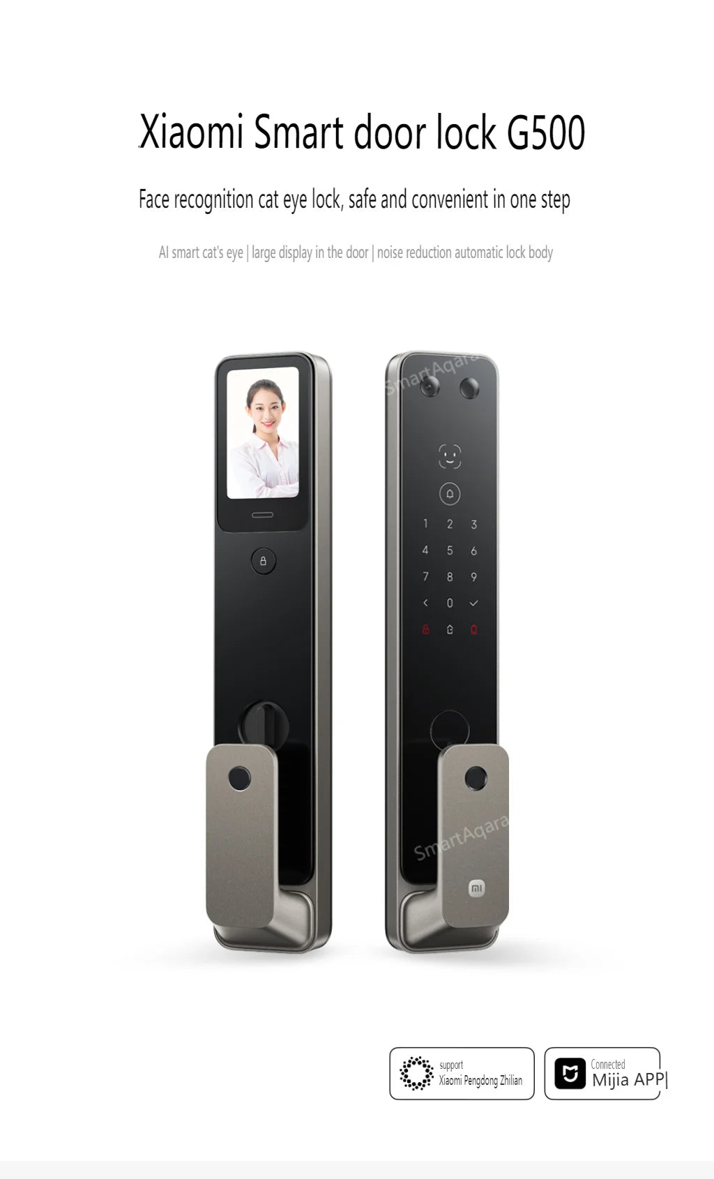 Fechadura inteligente automática Xiaomi G500 2025, reconhecimento facial 3D com impressão digital olho de gato, desbloqueio por senha Bluetooth, aplicativo Mi Home