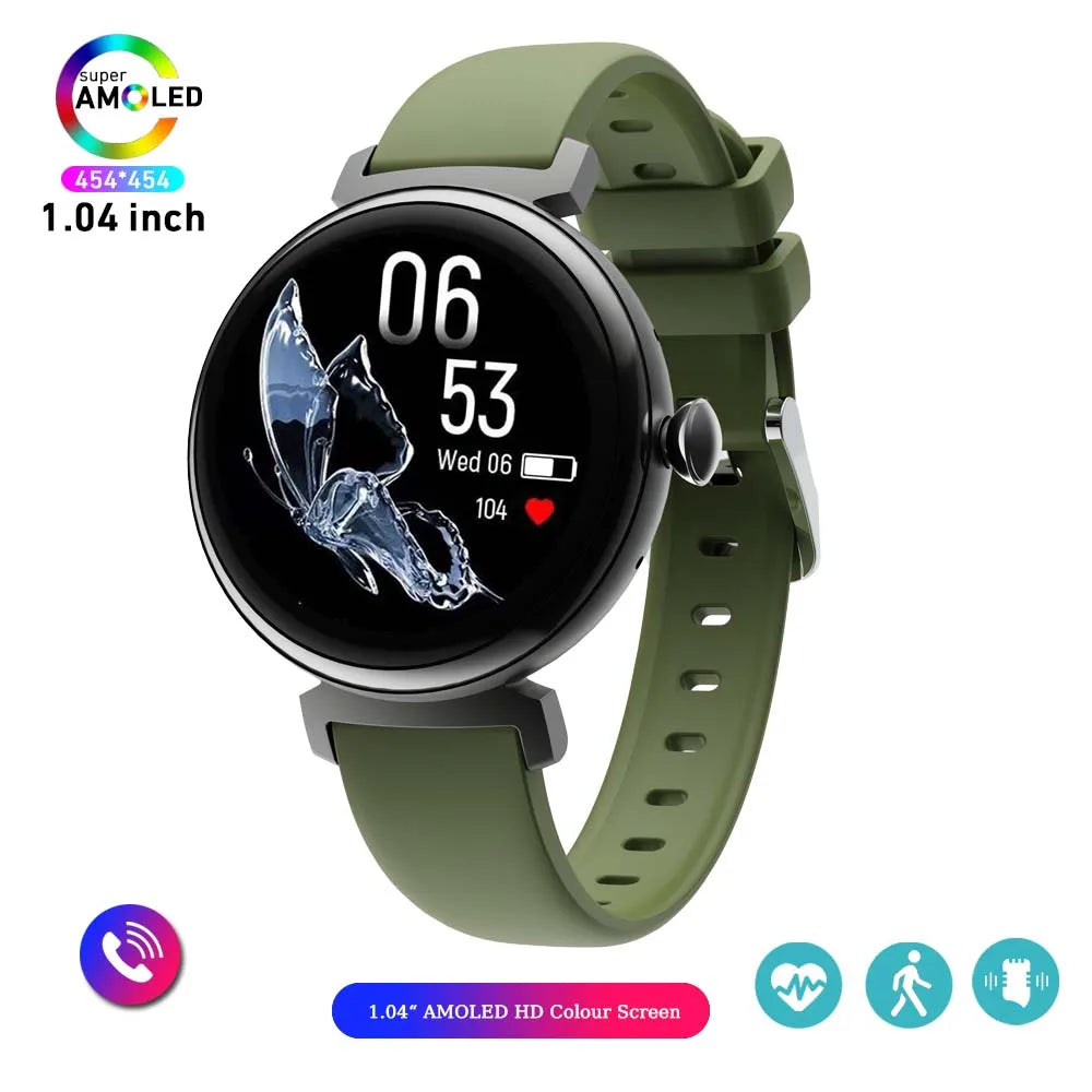 Relógio inteligente feminino moderno com tela AMOLED de 1,04 polegadas, tela sempre exibida, chamada Bluetooth, corpo de metal, tela pequena
