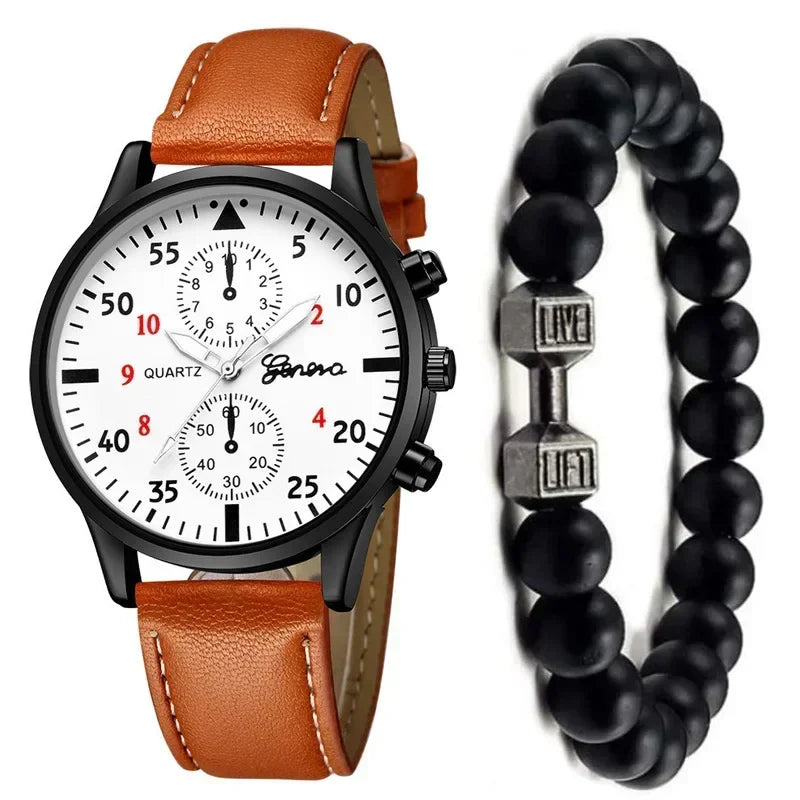 Conjunto de relógios esportivos masculinos 4/2/1 peças, relógio de pulso de quartzo luxuoso com pulseira de couro marrom, relógio casual masculino (sem caixa)