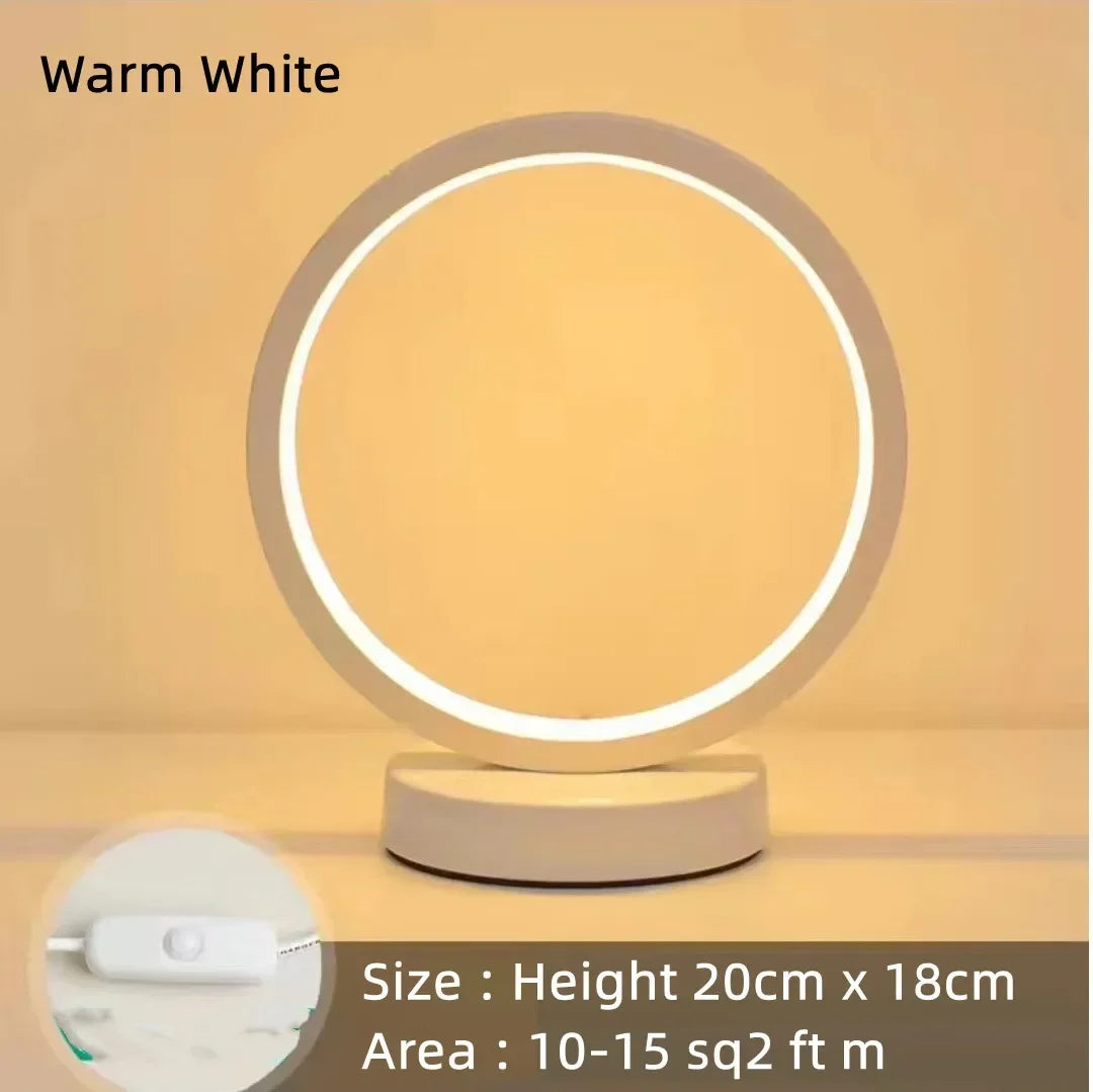 Luminária de mesa circular LED de 20 cm, simples, de cabeceira, para quarto, sala de estar, restaurante, hotel, lâmpada decorativa, luz noturna redonda regulável