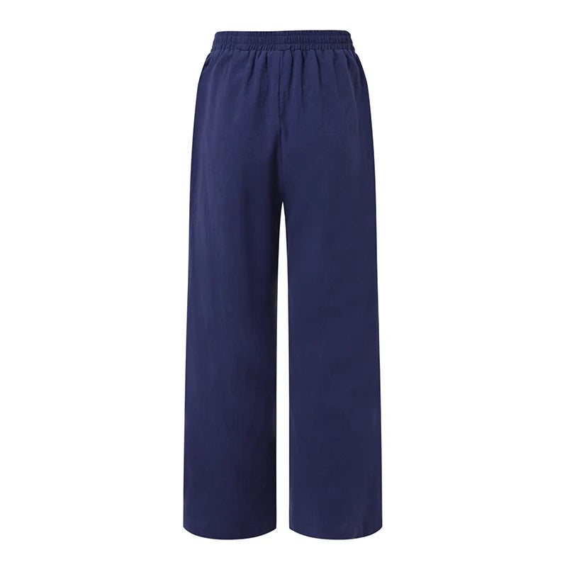 Calças femininas ZANZEA de verão com pernas largas, de algodão, para primavera, soltas, com cintura elástica, estilo palazzo, da moda 2023, lisas, casuais, compridas