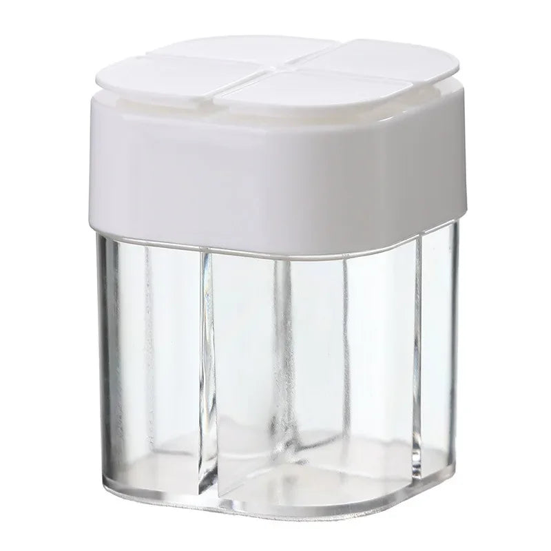 Pote de tempero para acampamento 4 em 1 com tampa, dispensador transparente de especiarias, saleiro e pimenteiro para cozinhar ao ar livre com 4 compartimentos
