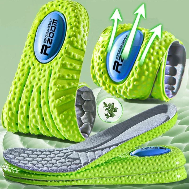 Palmilha esportiva de absorção de choque, espuma de memória de PU verde, suporte de arco respirável, almofada para calçados ortopédicos, homens e mulheres, cuidados com os pés