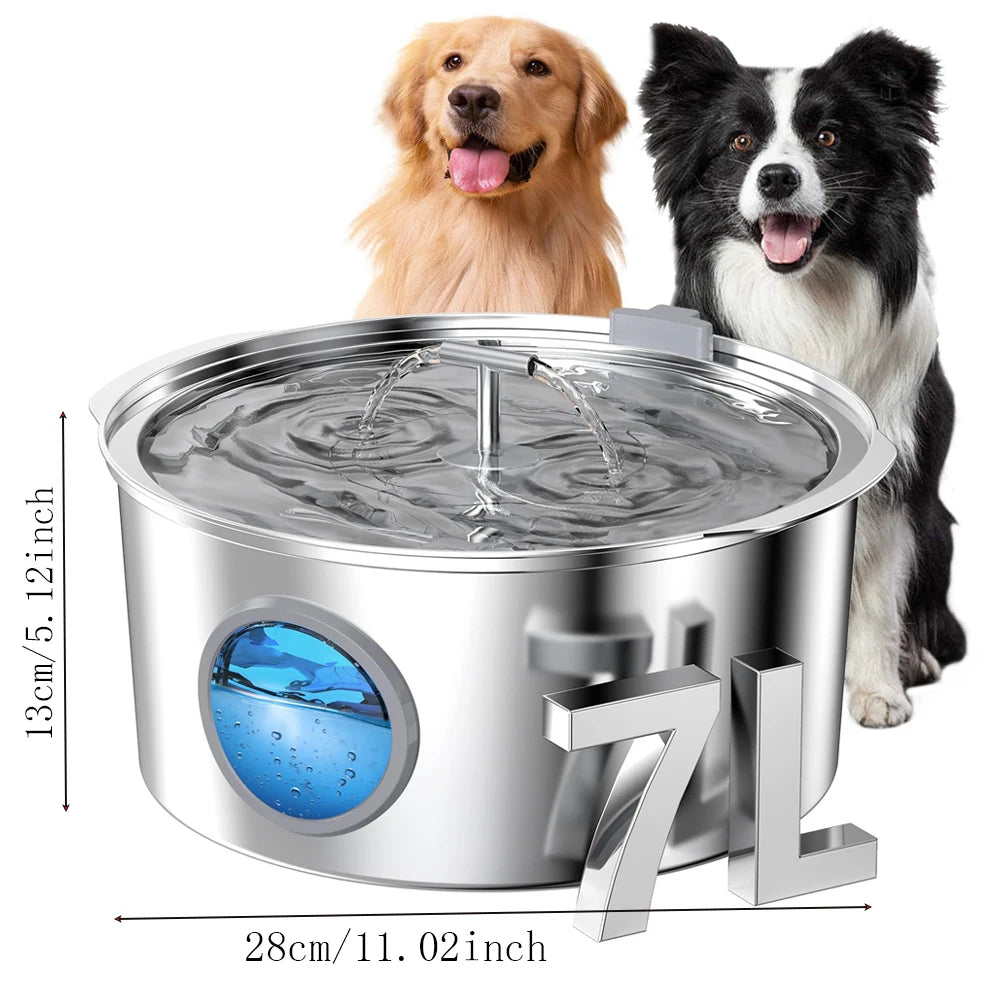 Bebedouro de aço inoxidável de grande capacidade para gatos, cães e animais de estimação, 7L, com janela de nível de água, bomba d'água silenciosa, dispensador com tigela de água USB
