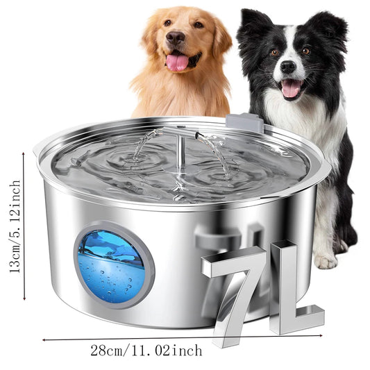 Bebedouro de aço inoxidável de grande capacidade para gatos, cães e animais de estimação, 7L, com janela de nível de água, bomba d'água silenciosa, dispensador com tigela de água USB