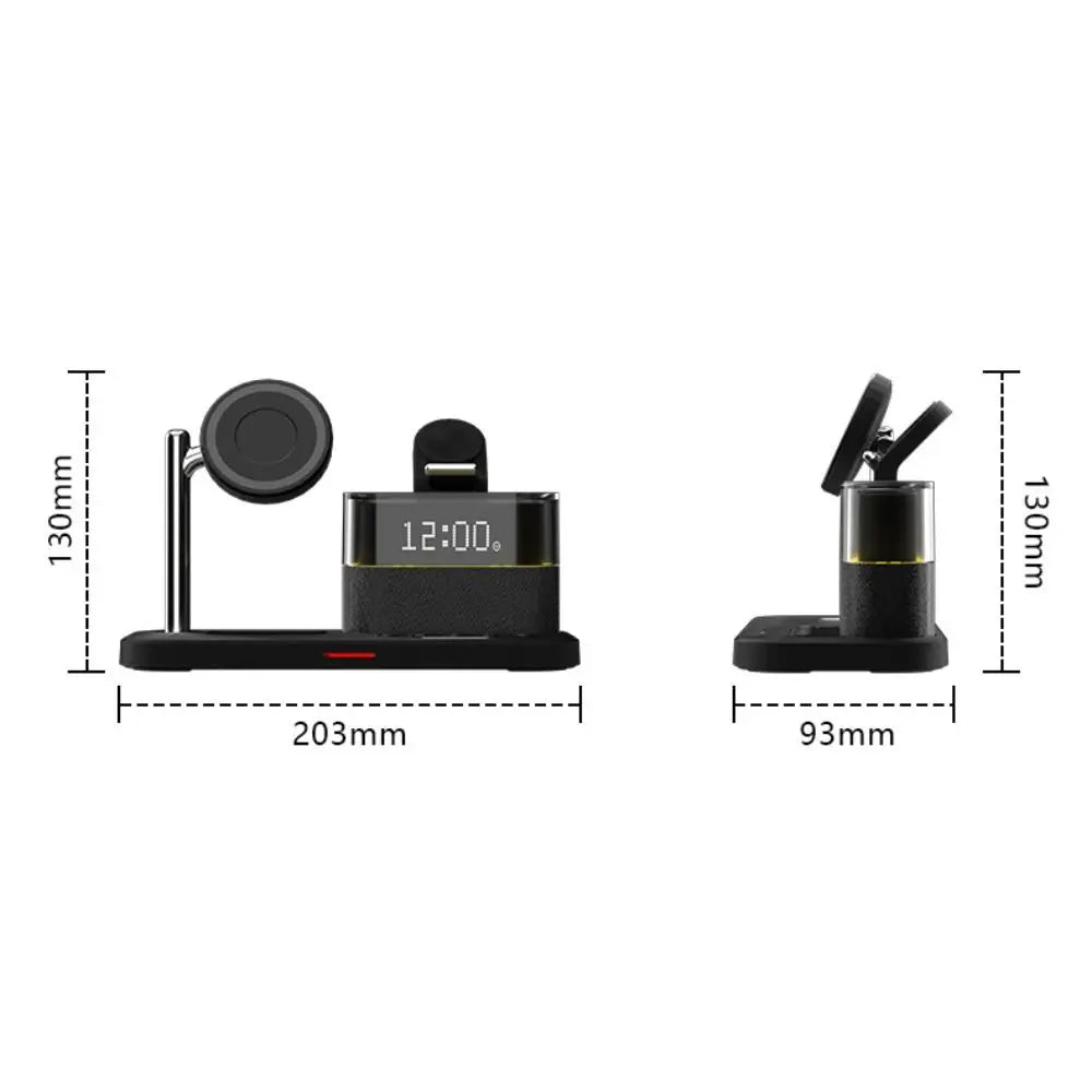 Carregador sem fio Qi2 5 em 1, carregamento rápido de 15 W, suporte magnético com despertador e suporte para carregamento de telefone