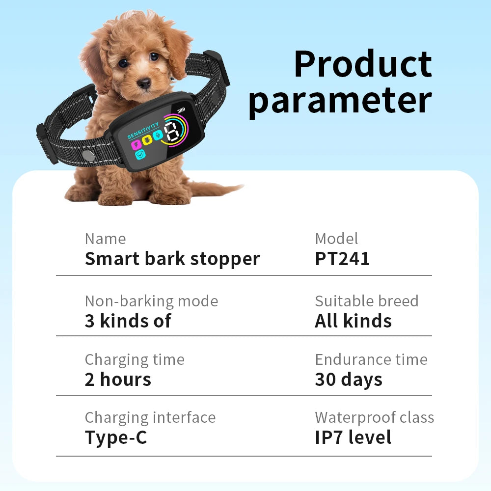 Coleira de cachorro com tela colorida, dispositivo automático antilatidos IP67 à prova d'água, recarregável, treinador de cães, antilatidos inteligente para cães de estimação