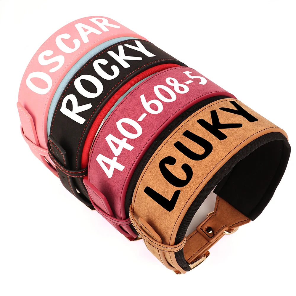 Coleira de couro personalizada para cães, coleira de identificação larga e acolchoada personalizada, nome e número impressos gratuitamente para cães de médio e grande porte, como Greyhound