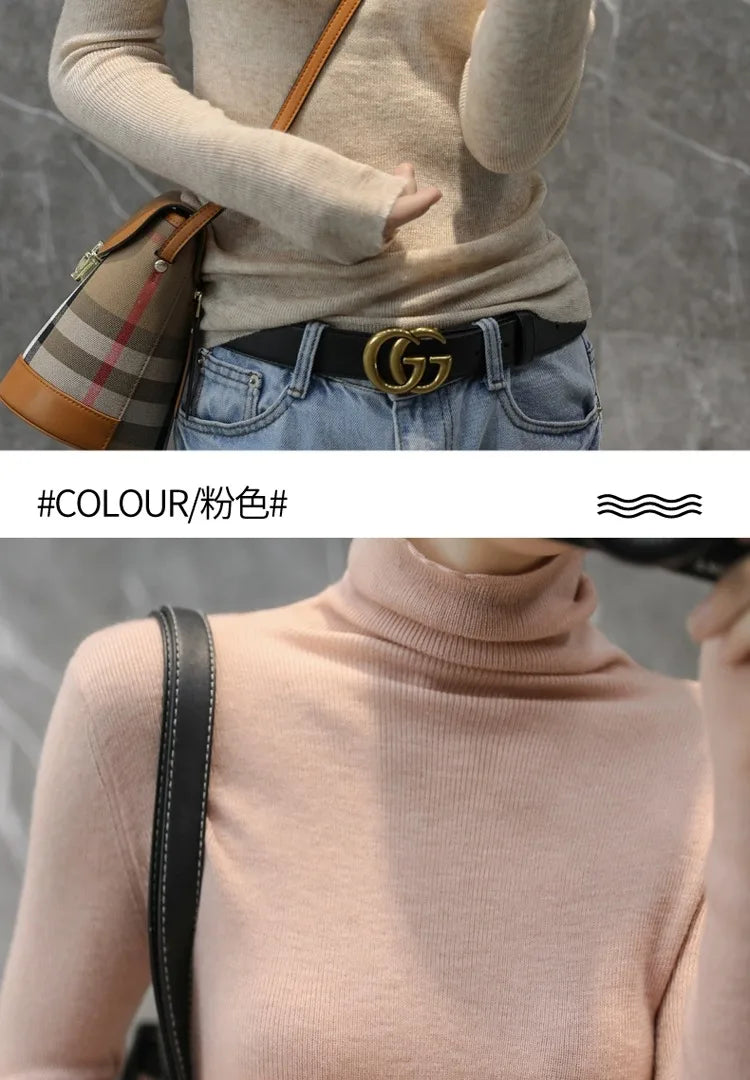 Novo suéter de caxemira feminino outono/inverno 2023, gola alta, suéter ultrafino de lã com pelo