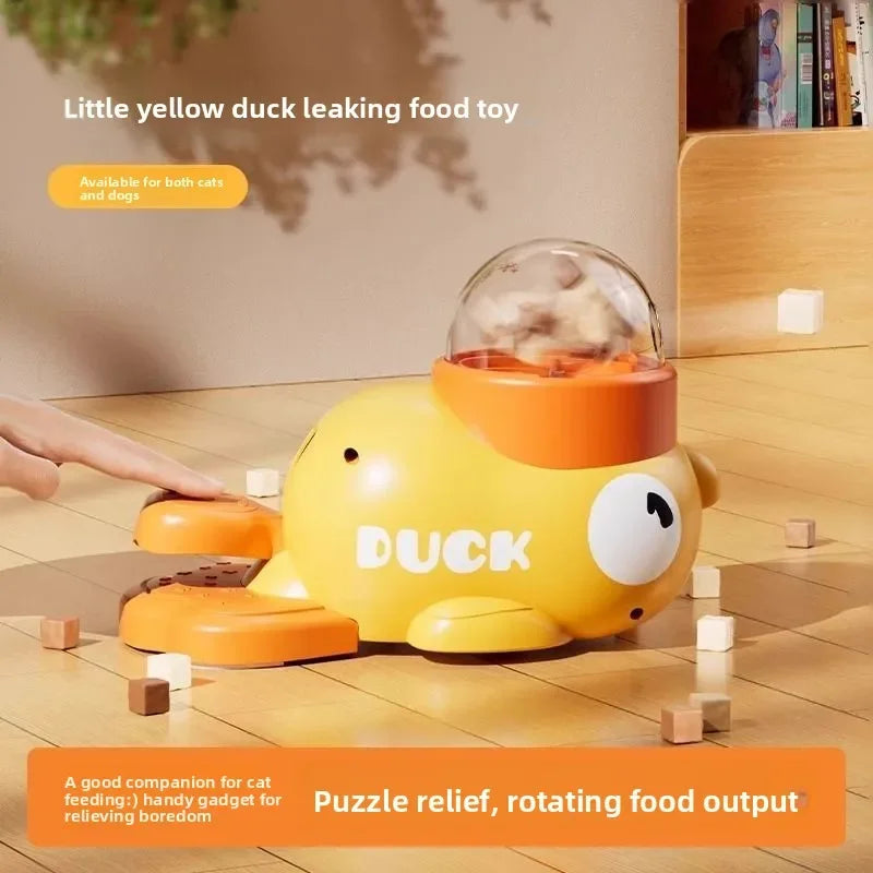 Distribuidor interativo de petiscos para gatos em formato de pato amarelo, quebra-cabeça de plástico durável, alimentador lento, brinquedo de treinamento para cães para entretenimento