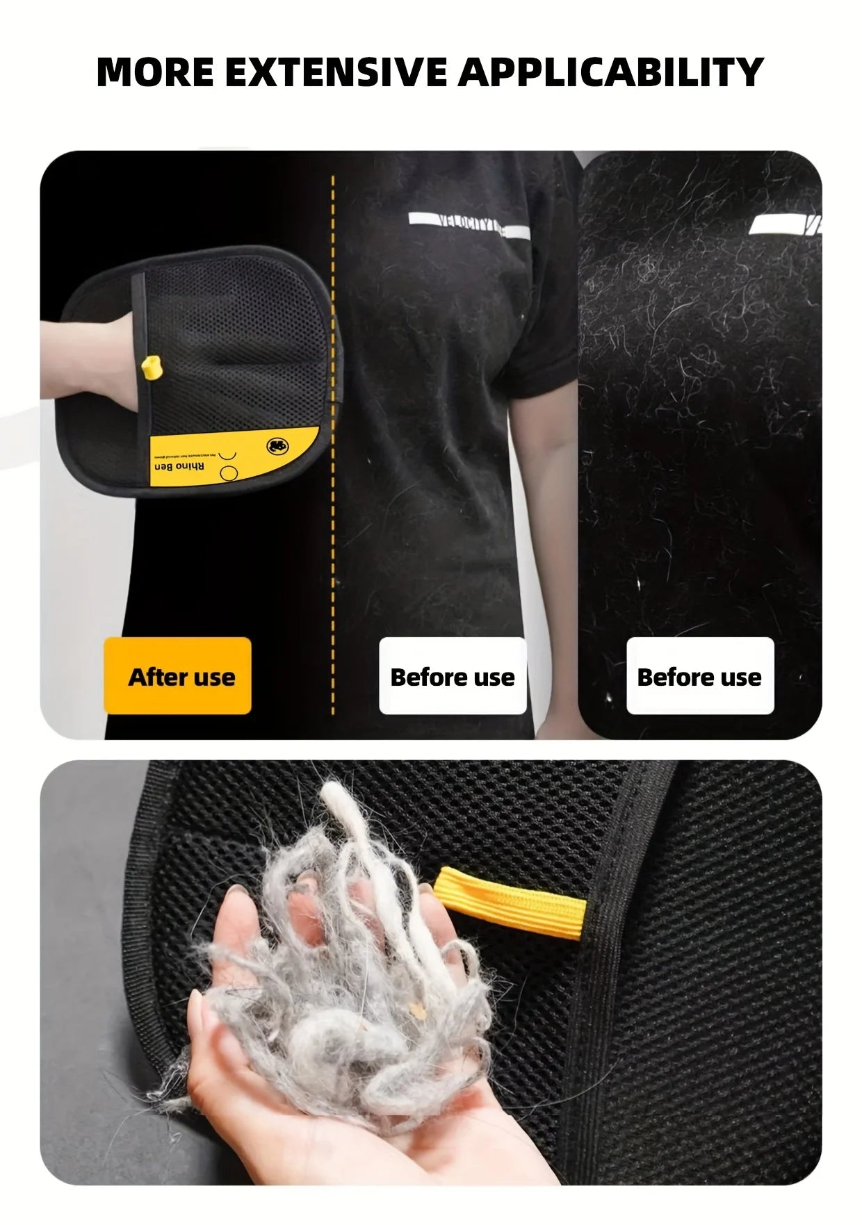 Luvas grandes para remoção de pelos estáticos de animais de estimação - Luvas pretas de polipropileno para tosa de gatos com detalhes em amarelo