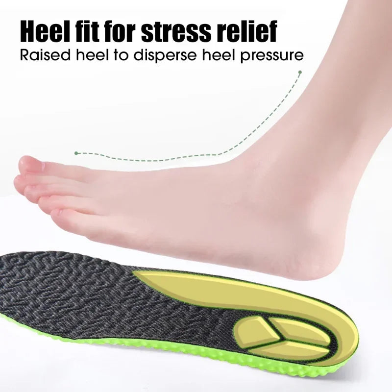 Palmilha esportiva de absorção de choque, espuma de memória de PU verde, suporte de arco respirável, almofada para calçados ortopédicos, homens e mulheres, cuidados com os pés
