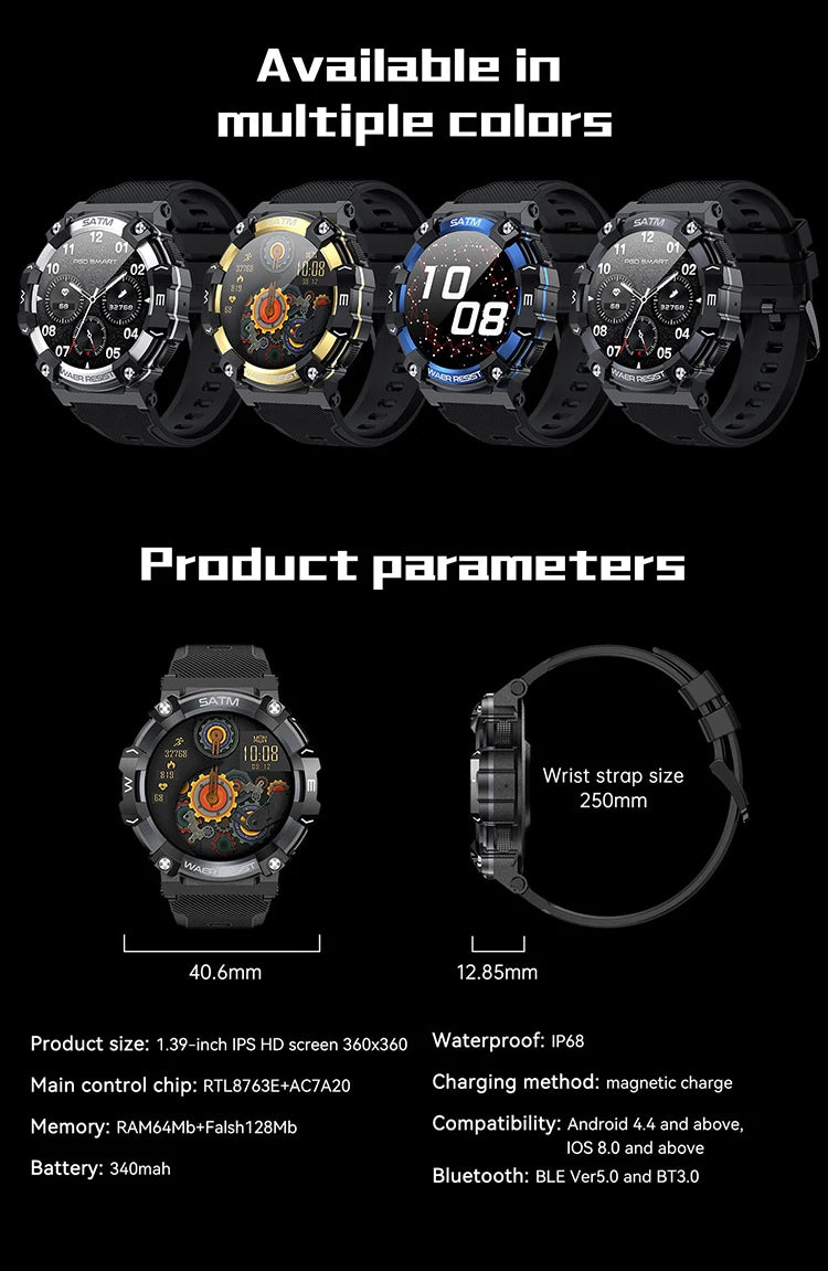 Relógio inteligente esportivo de fitness redondo masculino de 1,39 polegadas com Bluetooth para chamadas e voz com IA IP68 à prova d'água