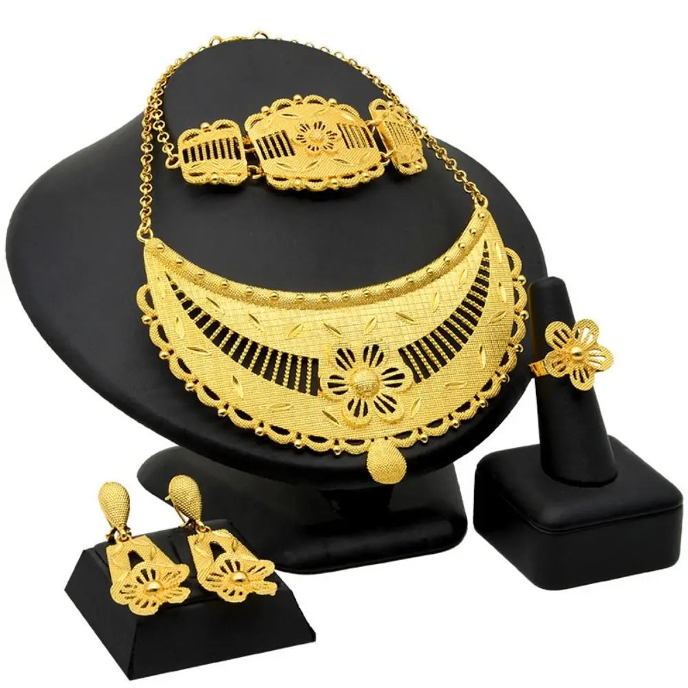 Conjunto de 4 joias indianas banhadas a ouro para noivas, colar/brincos/pulseira/anel, joias luxuosas banhadas a ouro de alta qualidade e duráveis