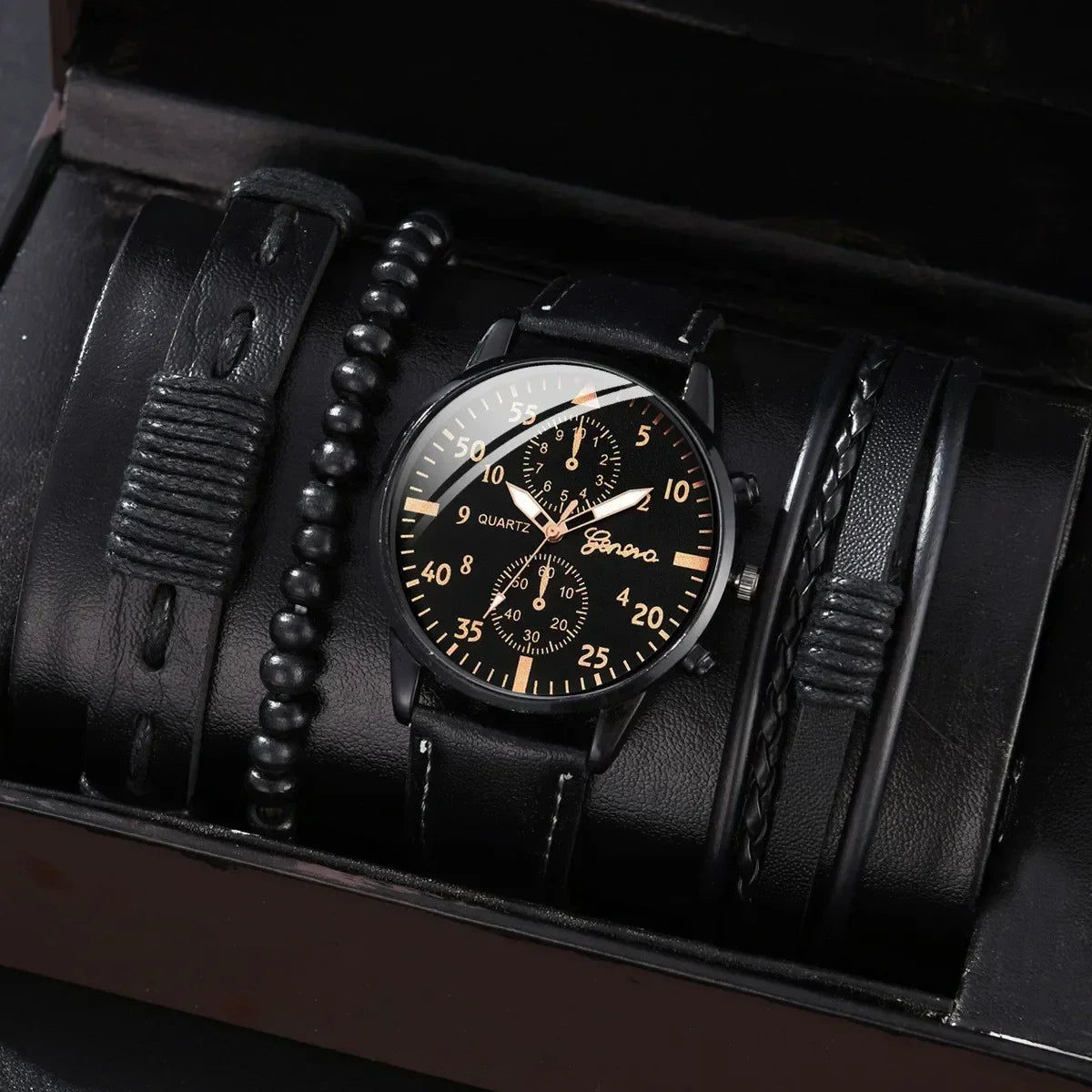 Conjunto de relógios esportivos masculinos 4/2/1 peças, relógio de pulso de quartzo luxuoso com pulseira de couro marrom, relógio casual masculino (sem caixa)