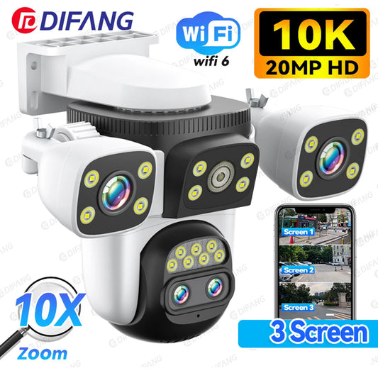 Câmera de segurança externa 10K WiFi6 com três telas, 20MP CCTV, câmera IP externa com zoom de 10X, 8K e 15MP, câmera de vigilância por vídeo
