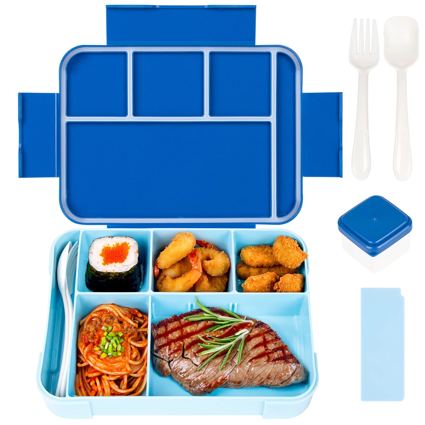 Lancheira Bento para adultos de 1330 ml, recipientes para alimentos com 6 compartimentos e utensílios de mesa para lanches, trabalho, escola, forno de micro-ondas, aquecimento
