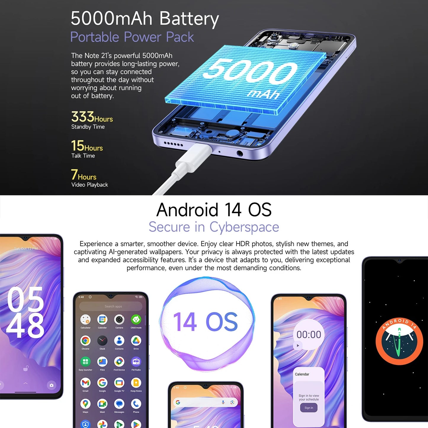 Smartphone Ulefone Note 21 6,56" 90Hz 5000mAh Bateria 4GB+128GB Unisoc T606 Câmera 13MP 4G Android 14 Celular