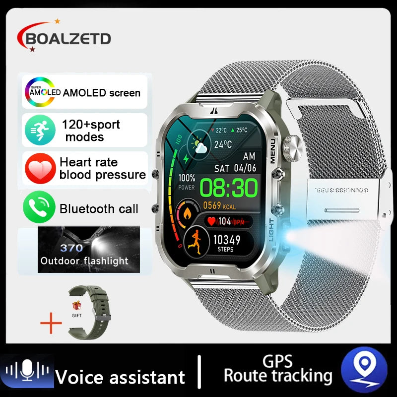 Novo relógio inteligente militar Xiaomi 2024 para homens, esportes ao ar livre, lanterna, fitness, monitor de saúde, 1,96" BT Call Smartwatch