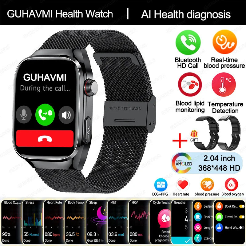 Novo relógio inteligente masculino com diagnóstico de IA e monitoramento de saúde, pressão arterial, ECG, ácido úrico, lipídios, BT Call, relógios inteligentes para HUAWEI