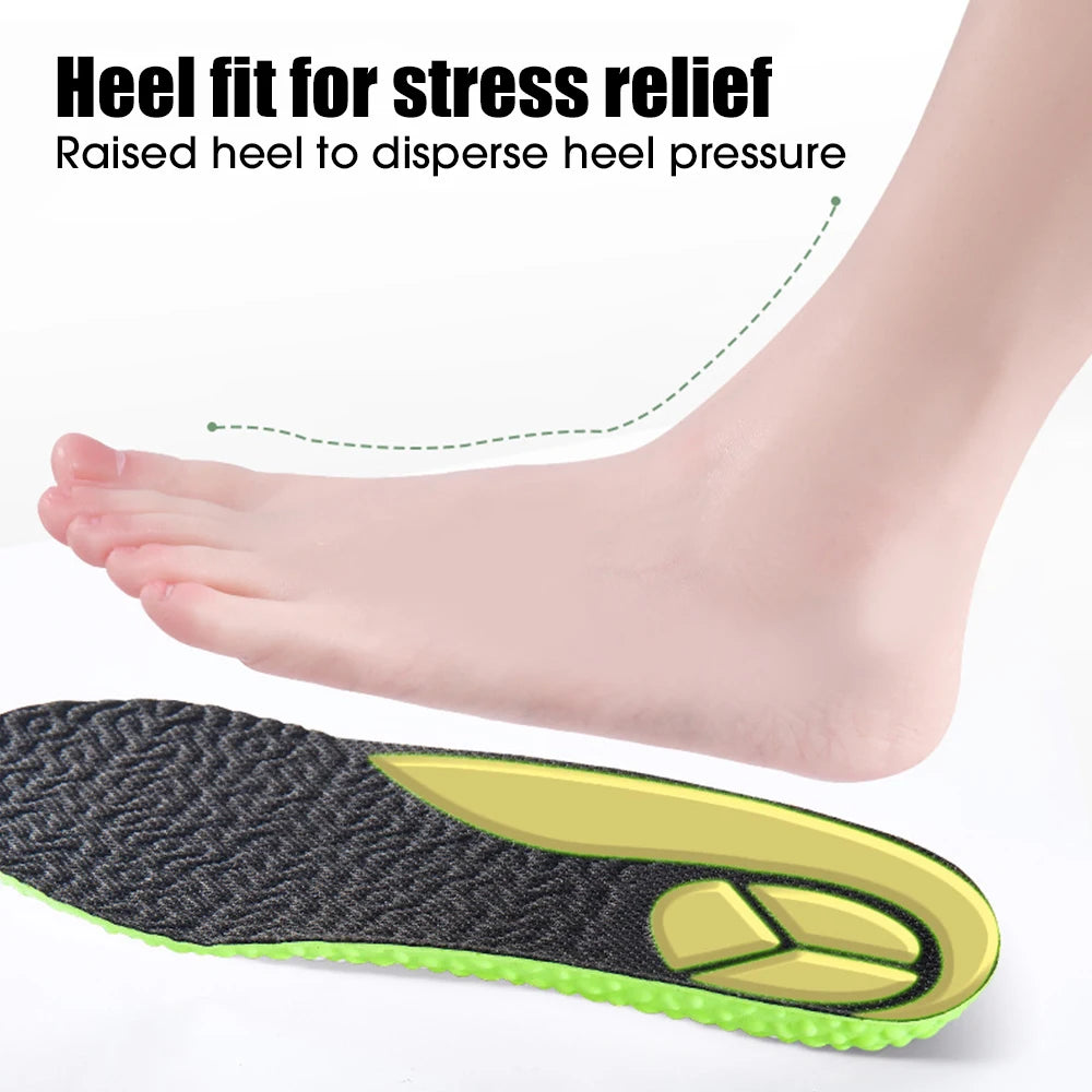 Palmilha esportiva de absorção de choque, espuma de memória de PU verde, suporte de arco respirável, almofada para calçados ortopédicos, homens e mulheres, cuidados com os pés