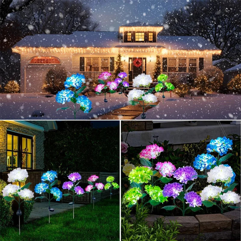 Luzes solares para jardim externo, luz solar à prova d'água, com flores de hortênsia, luzes LED para paisagens com energia solar