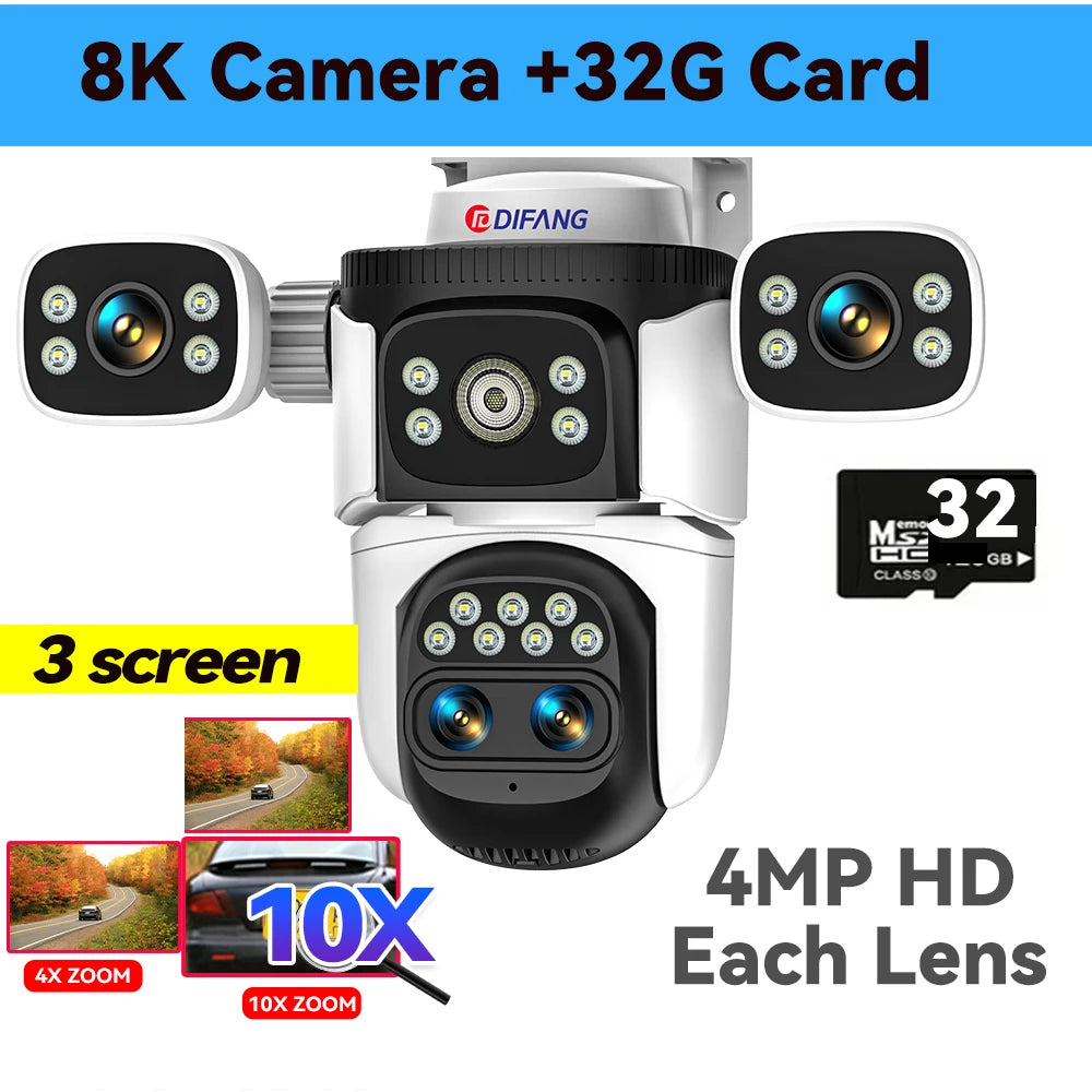 Câmera de segurança externa 10K WiFi6 com três telas, 20MP CCTV, câmera IP externa com zoom de 10X, 8K e 15MP, câmera de vigilância por vídeo