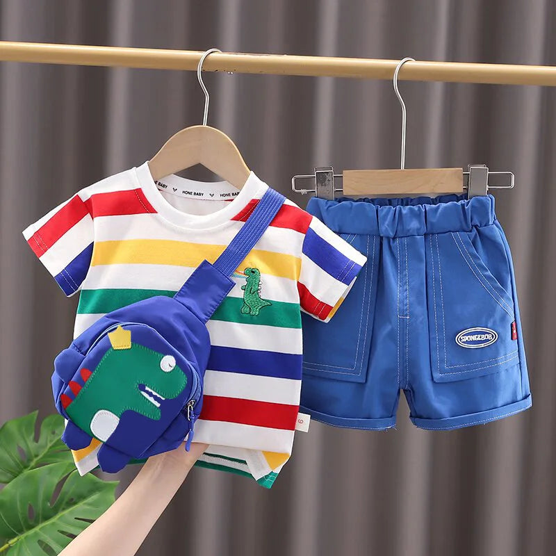 Conjunto de roupas de verão fofo de dinossauro com estampa de desenho animado infantil, camiseta com gola redonda + shorts + bolsa para bebês meninos e meninas, novos agasalhos infantis