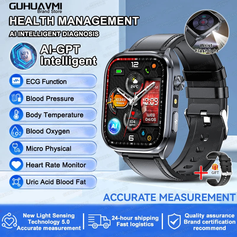 Novo relógio inteligente masculino 2025, pressão arterial, saúde, oxigênio no sangue, ácido úrico, lipídios, rastreador de fitness, relógios Bluetooth, chamada, ECG, smartwatch