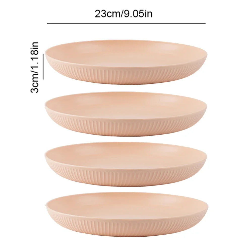 Prato redondo de 23 cm para salada, sobremesa, jantar, empilhável, inquebrável, reutilizável, 4 peças, canudo de trigo, próprio para micro-ondas, prato de frutas para jantar