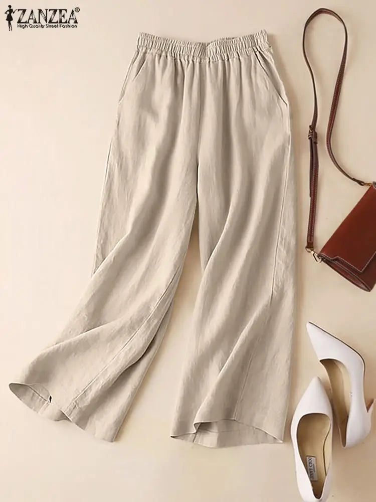 Calças femininas ZANZEA de verão com pernas largas, de algodão, para primavera, soltas, com cintura elástica, estilo palazzo, da moda 2023, lisas, casuais, compridas