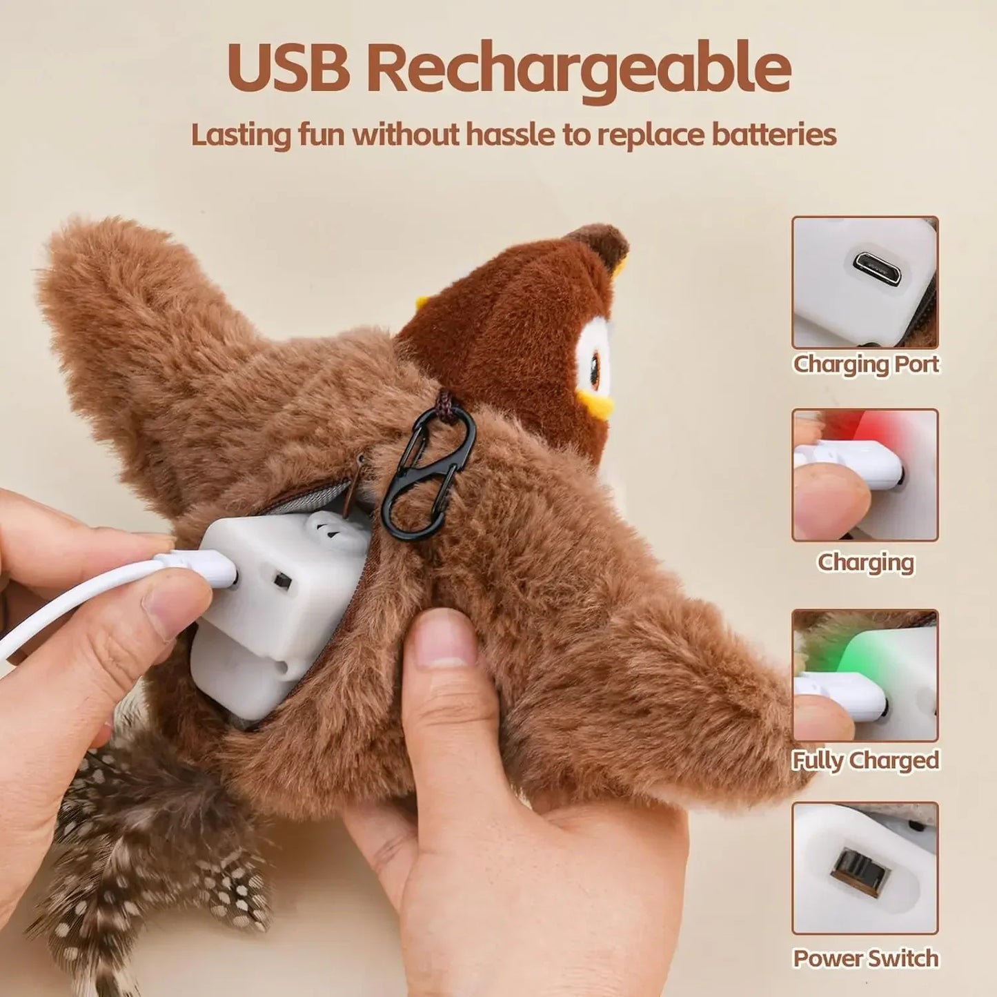 Brinquedos interativos para gatos, brinquedo de pelúcia recarregável para gatos, pássaro voador que canta e bate as asas (sem voar), pode adicionar catnip e brinquedo de pelúcia ativado por toque