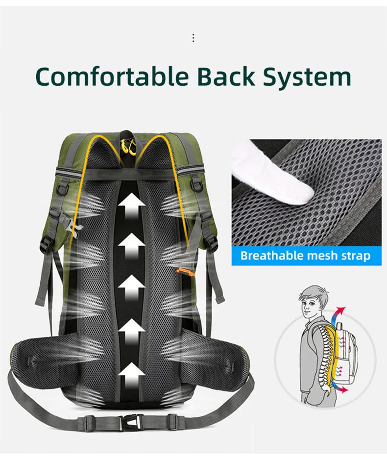Mochila de viagem 50L para acampamento, masculina, grande, para trilhas, mochila turística, à prova d'água, para esportes ao ar livre, escalada, montanhismo, bagagem