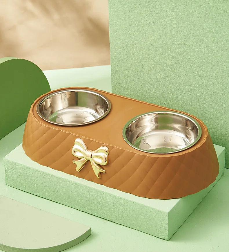 Tigela de comida para gatos com base de PP e laço, alimentador de gatos em aço inoxidável, tigela dupla para alimentação de cães e bebedouros, suprimentos para animais de estimação