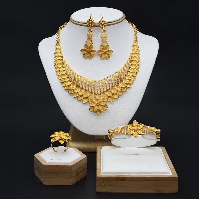 Conjunto de 4 peças banhadas a ouro para noivas, colar, brincos, anel, pulseiras, joias indianas femininas