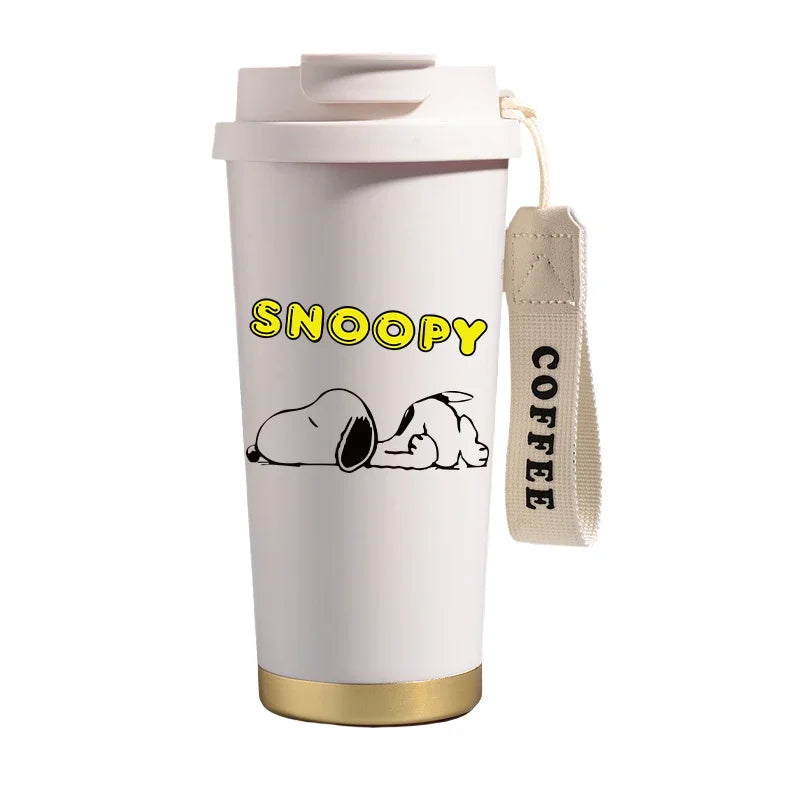 Garrafa térmica de aço inoxidável Snoopys 500ml, anime Kawaii, portátil, viagem, ar livre, carro, chá, café, caneca térmica fria