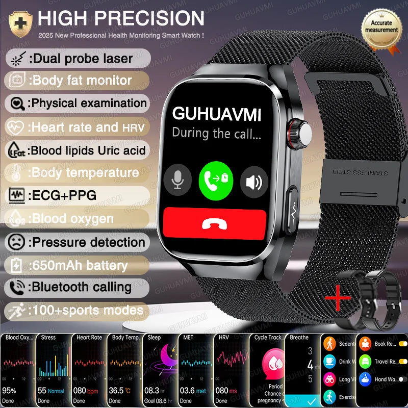 Novo relógio inteligente para Android e iOS, monitor de saúde, masculino e feminino, com precisão de ECG e PPG para ácido úrico e pressão arterial, análise de órgãos e corpo, 2025