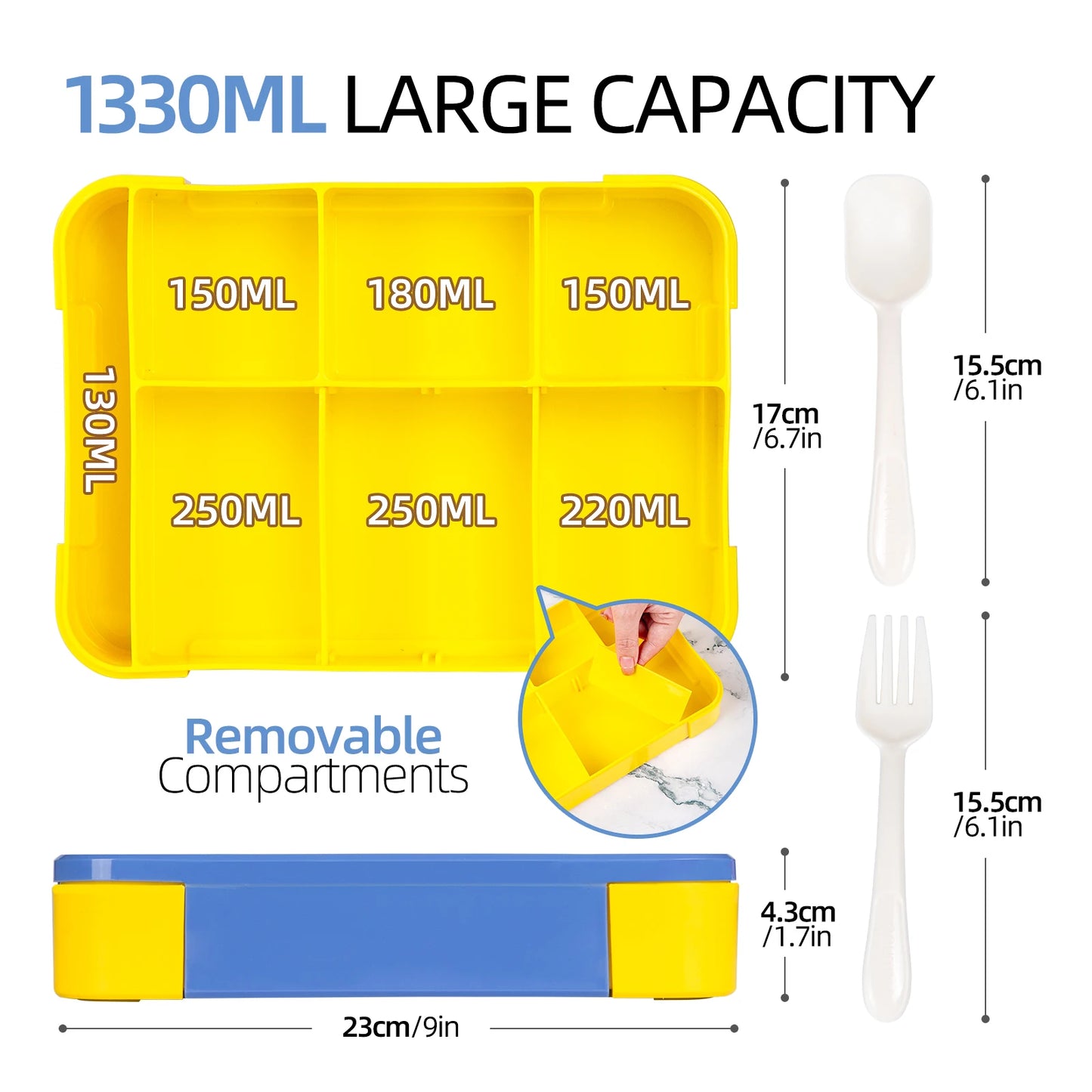 Lancheira Bento para adultos de 1330 ml, recipientes para alimentos com 6 compartimentos e utensílios de mesa para lanches, trabalho, escola, forno de micro-ondas, aquecimento