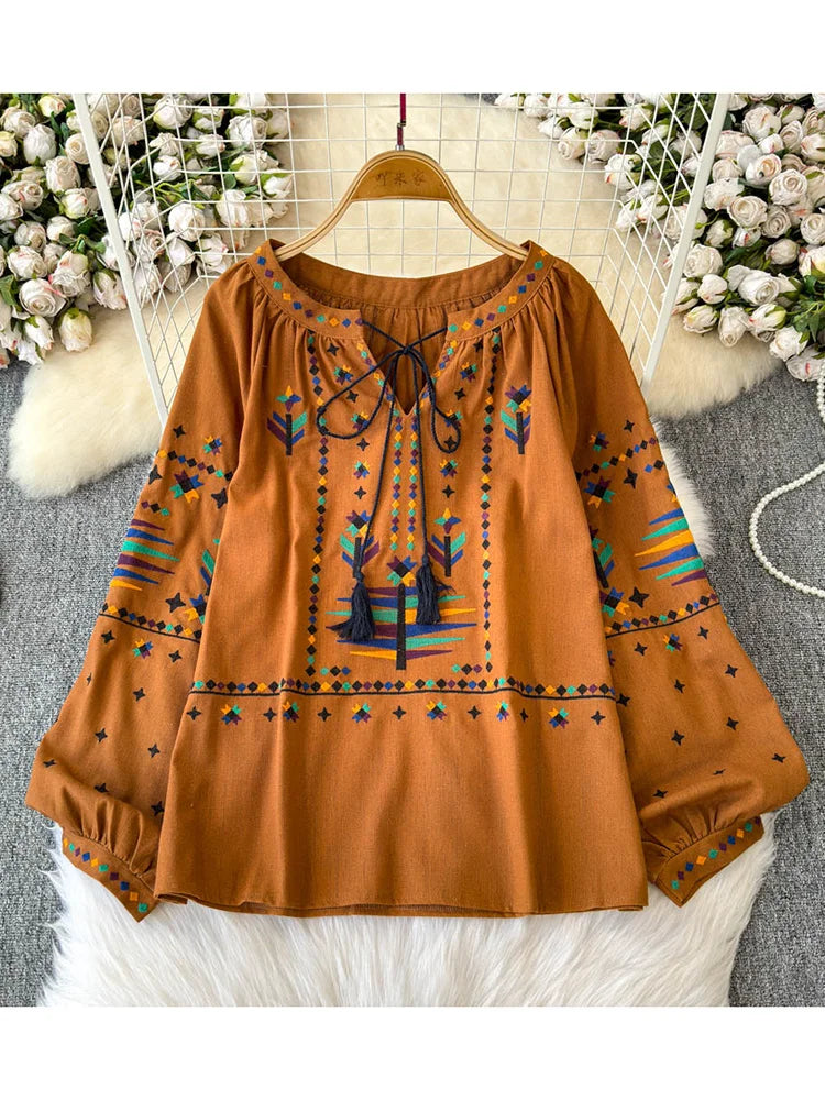 Blusa feminina de outono temperamento elegante vintage camisa bordada 2024 novo estilo boêmio férias top solto BL026