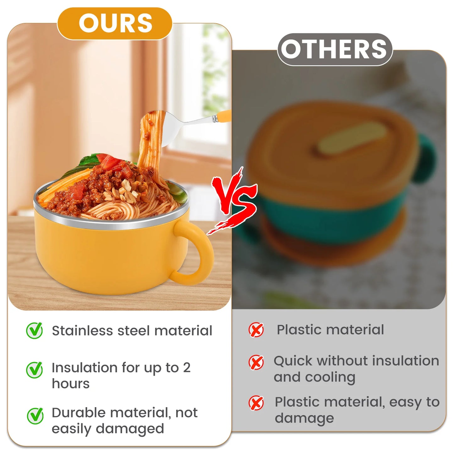 Tigela de macarrão instantâneo de aço inoxidável 1200ml com tampa resistente ao calor para macarrão instantâneo, utensílios de cozinha e utensílios de cozinha