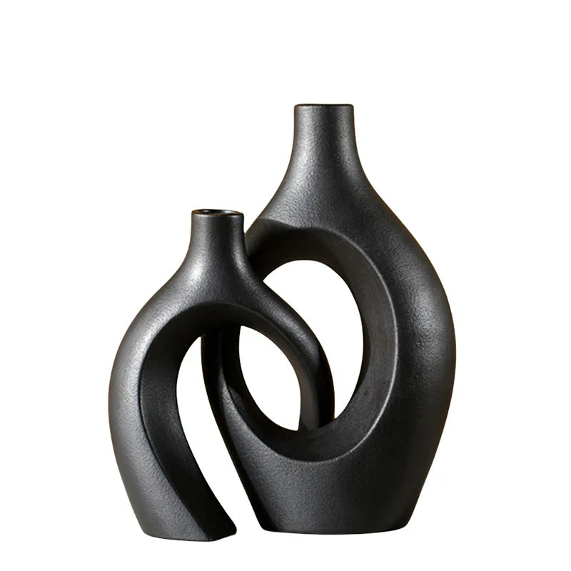 Vaso de cerâmica vazado, 2 para decoração moderna de casa, vaso estilo donut boho, vaso decorativo minimalista preto e branco