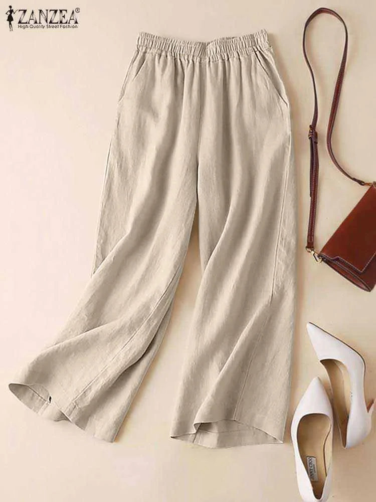 Calças femininas ZANZEA de verão com pernas largas, de algodão, para primavera, soltas, com cintura elástica, estilo palazzo, da moda 2023, lisas, casuais, compridas
