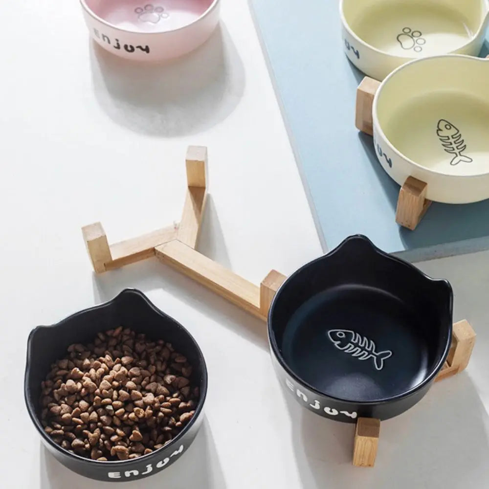 Tigela de cerâmica para animais de estimação, tigela fofa simples/dupla, bacia de alimentação para cães, grande capacidade com suporte, alimentador para animais de estimação, proteção para o pescoço