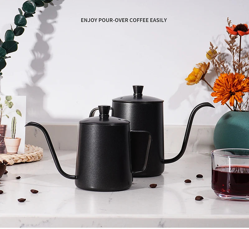 Chaleira de gotejamento de 350ml e 600ml, bule de café e chá, revestimento antiaderente, aço inoxidável de qualidade alimentar, chaleira de gotejamento com pescoço de cisne, boca fina