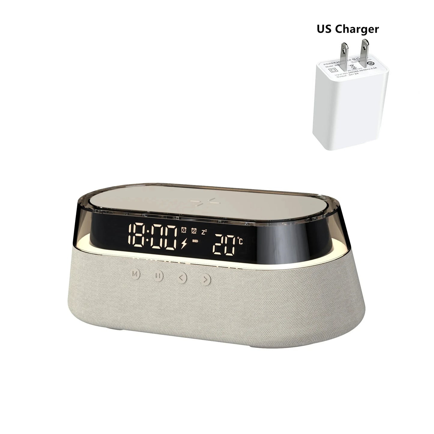 Despertador inteligente 6 em 1 - Carregador sem fio de 15 W, alto-falante Bluetooth, rádio FM, alarme duplo, carregador USB e luz noturna RGB